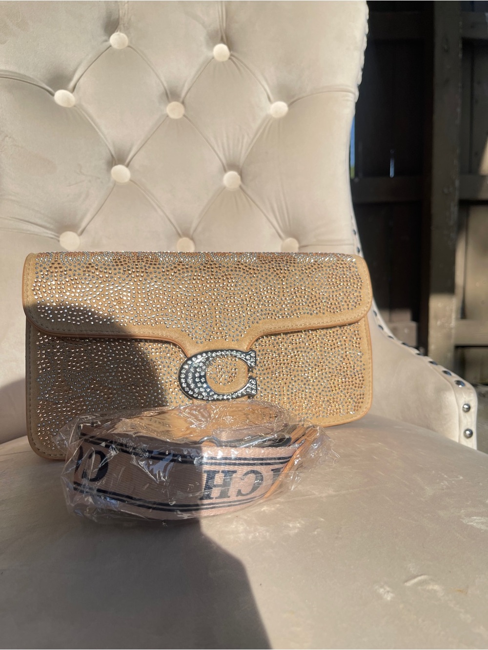 Tan Rhinestone-Embellished Evening crossbody bag